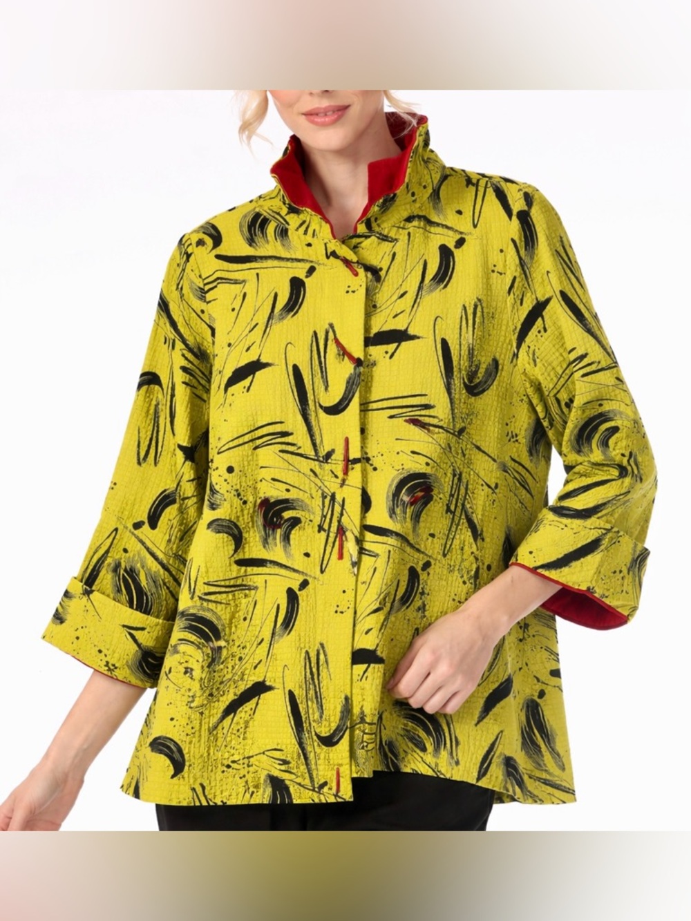 Moonlight Abstract Brushstroke Tunic Blouse Lime Green Art-To-Wear Lagenlook S